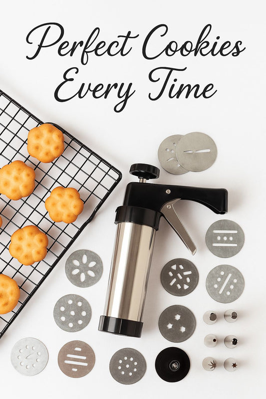 Cover image for blog article showing stainless steel cookie press, discs, and freshly baked cookies with text Perfect Cookies Every Time