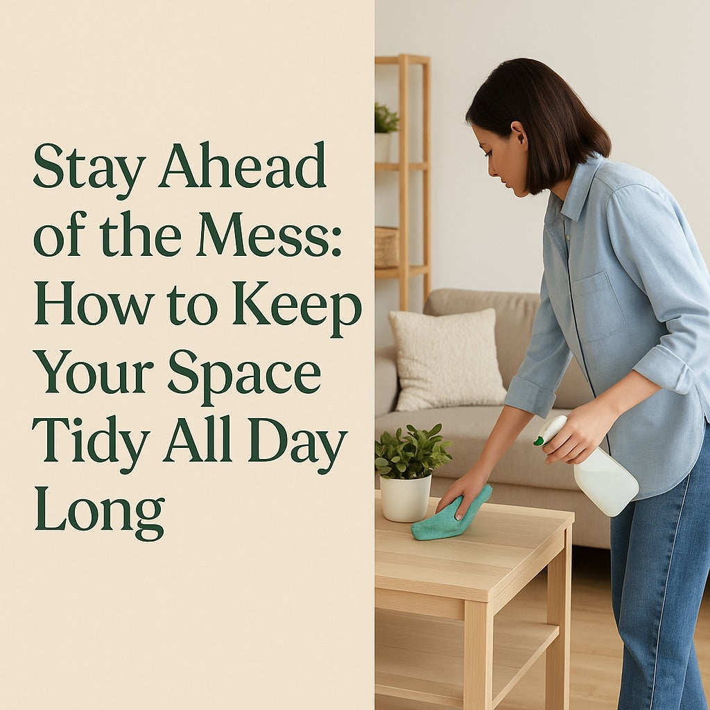 Cover image with text "Stay Ahead of the Mess: How to Keep Your Space Tidy All Day Long" next to a woman cleaning a coffee table in a calm, modern living room.