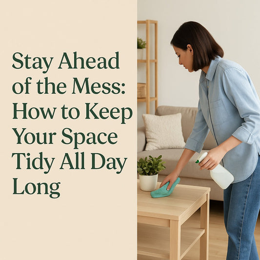 Cover image with text "Stay Ahead of the Mess: How to Keep Your Space Tidy All Day Long" next to a woman cleaning a coffee table in a calm, modern living room.