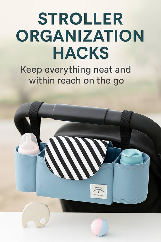 Baby stroller organizer attached to stroller handle with bottles and essentials, promoting organized on-the-go parenting.