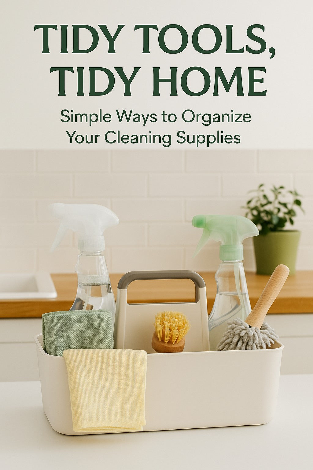 Cover image showing neatly organized cleaning tools in a caddy with the title “Tidy Tools, Tidy Home – Simple Ways to Organize Your Cleaning Supplies” on a light kitchen background.