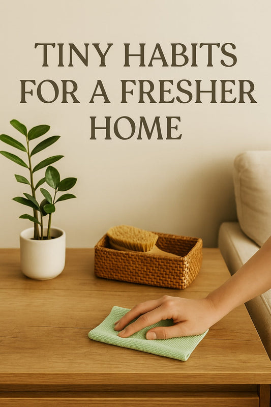 A minimalist home scene with a hand wiping a wooden table beside a potted plant and a wicker basket, with the text ‘Tiny Habits for a Fresher Home’ in elegant serif font at the top.