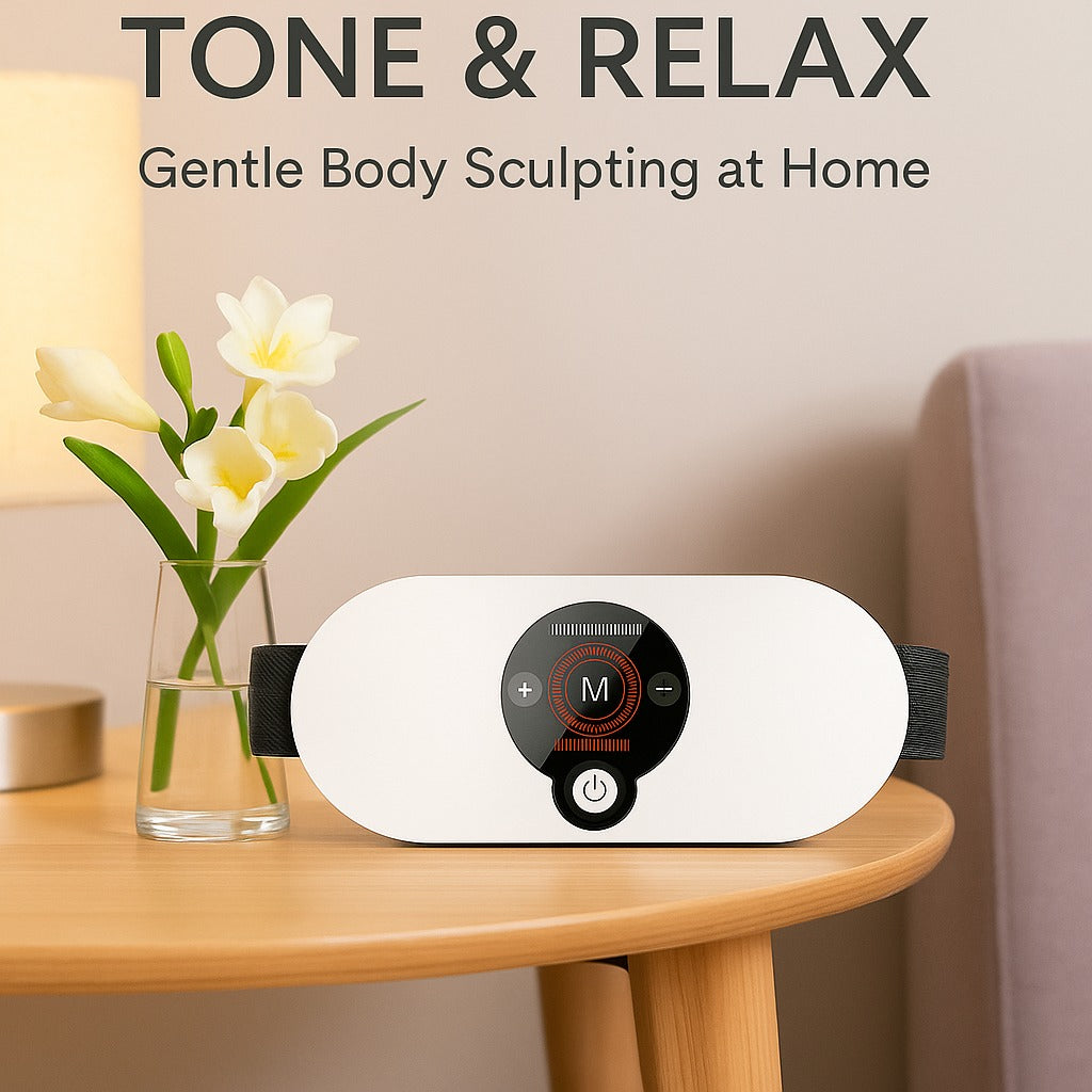 Heating Slimming Massager placed on a wooden table beside flowers and a lamp, with text “Tone & Relax – Gentle Body Sculpting at Home” above it