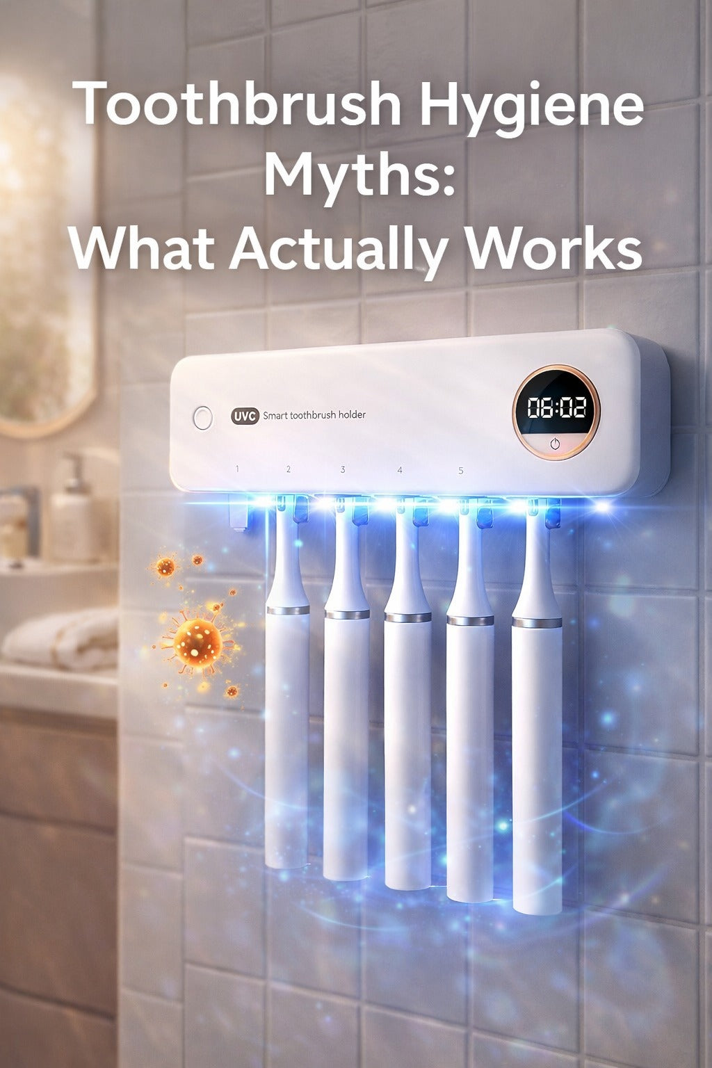Modern bathroom cover image showing a wall-mounted UV toothbrush holder with illuminated toothbrushes and a clean wellness-style background for a toothbrush hygiene article.