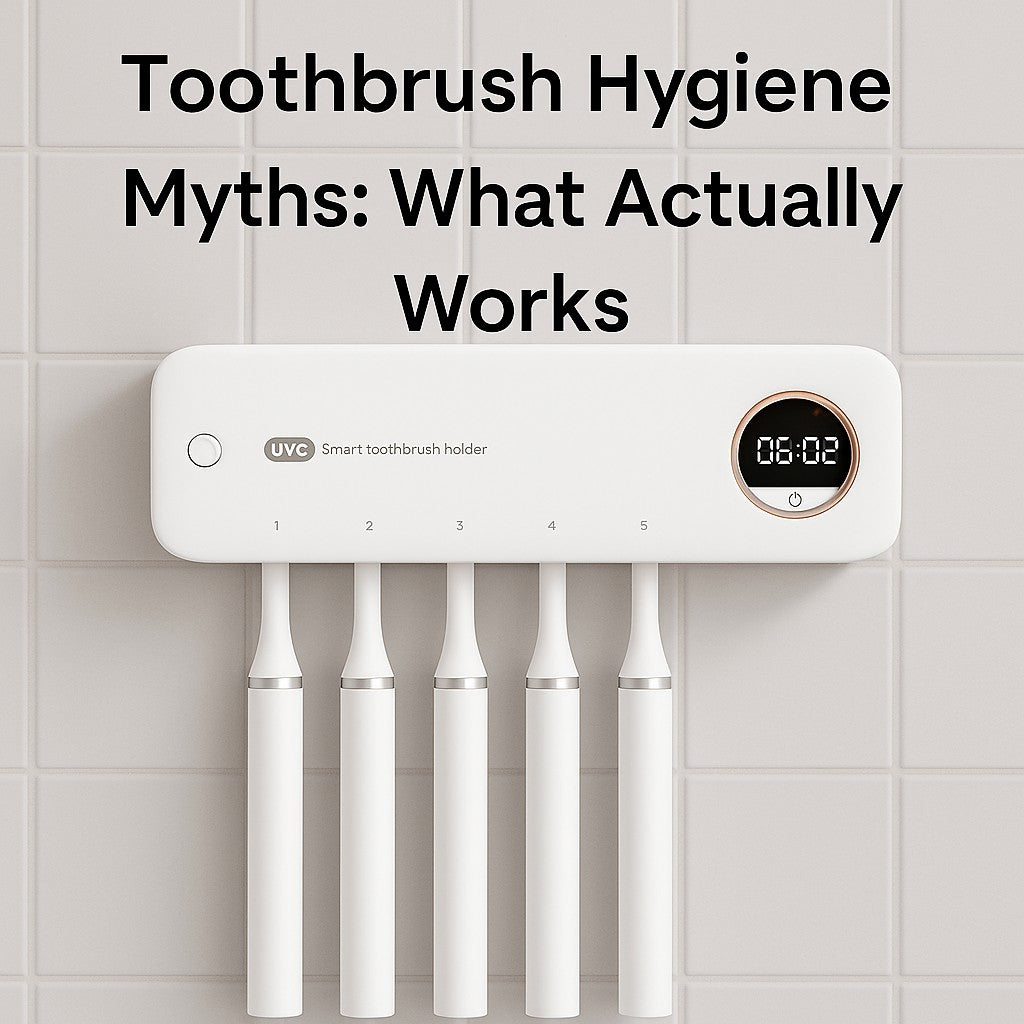 Cover image with a wall-mounted UV toothbrush sterilizer and the title "Toothbrush Hygiene Myths: What Actually Works" displayed at the top.