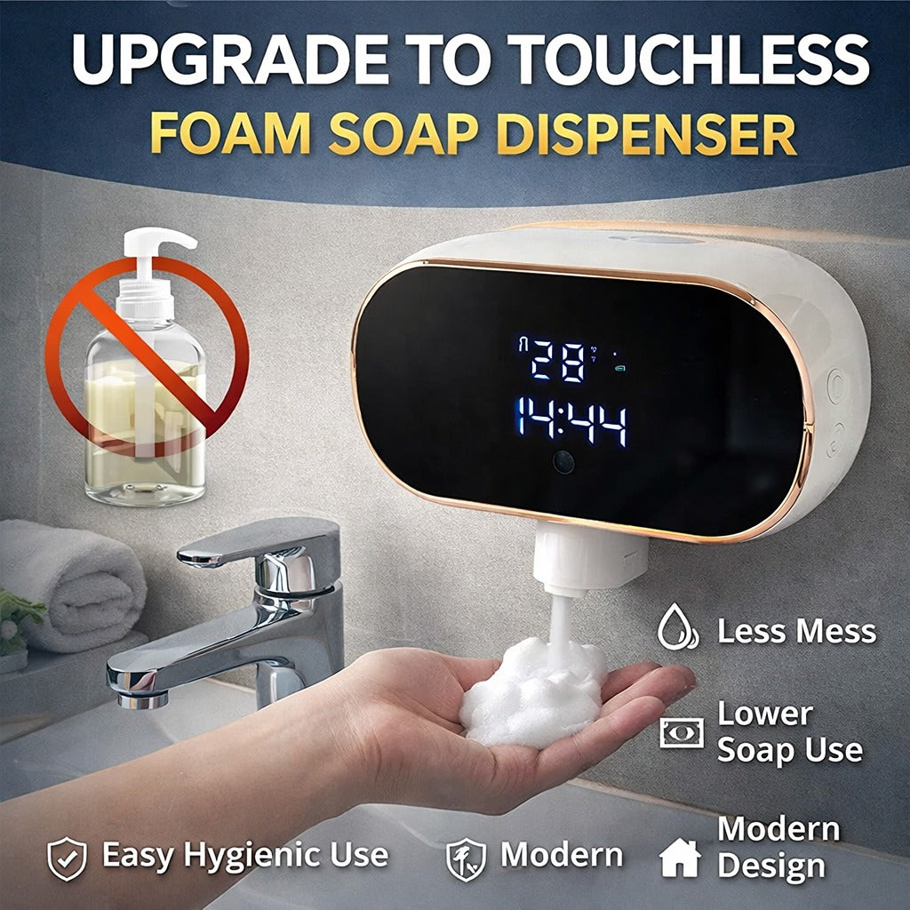 Touchless foam soap dispenser mounted above a sink, dispensing foam into a hand, with highlights for hygienic use, less mess, lower soap use, and modern design.