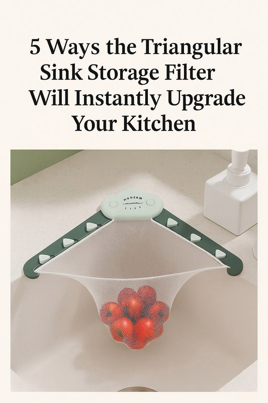Digital photograph showing a green triangular sink filter holding tomatoes, with a bold title text overlay.