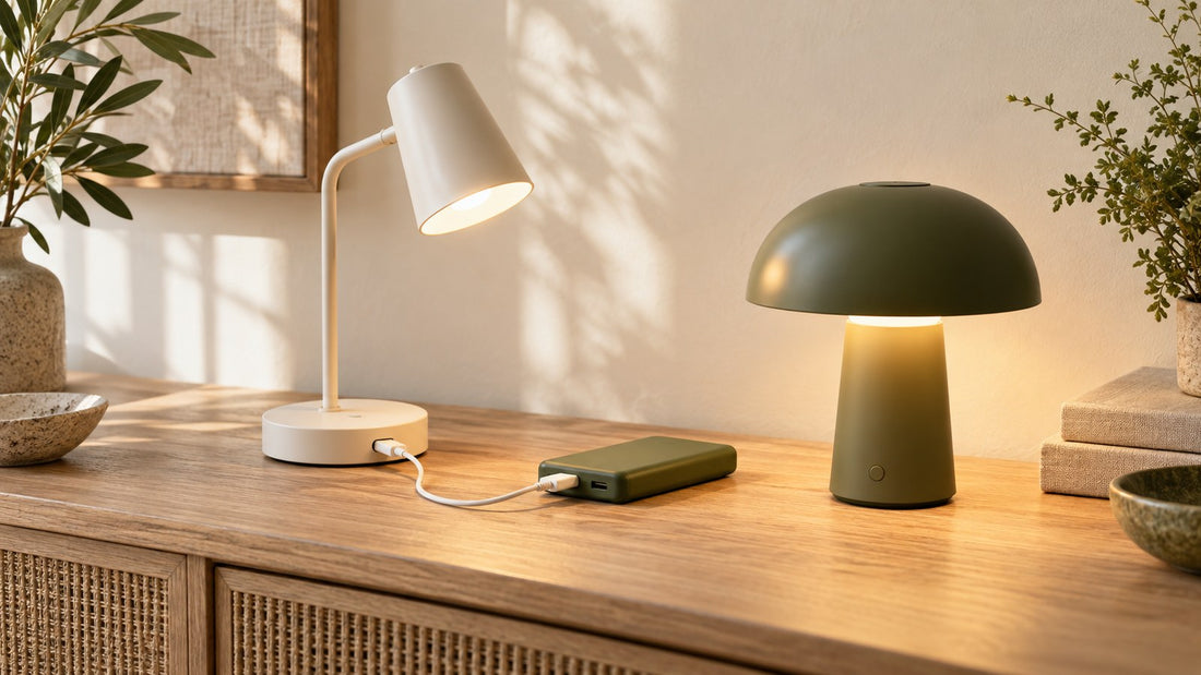 USB-powered desk lamp connected to a power bank beside a cordless green table lamp.