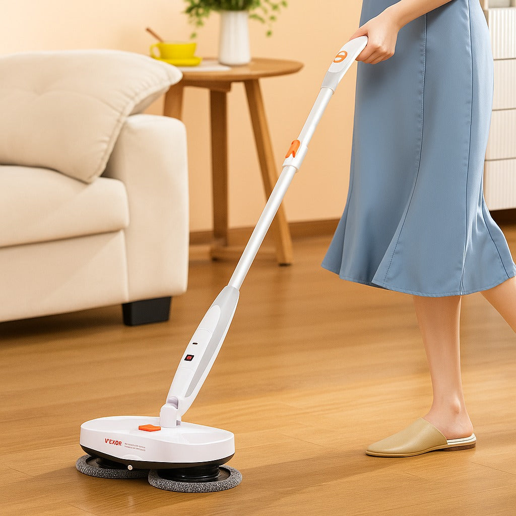 Woman using a cordless electric spin mop to clean hardwood floors in a bright living room.