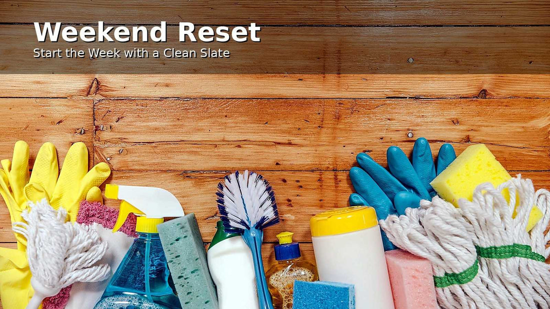 Cleaning supplies flat lay on a wooden background for a weekend reset cleaning routine