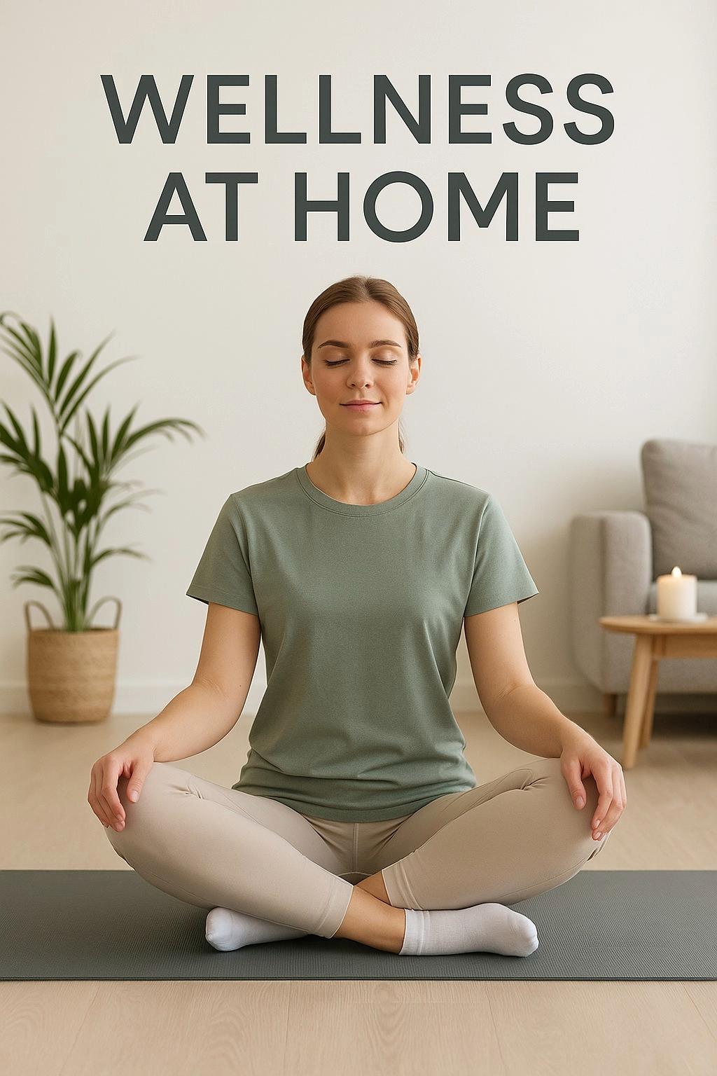 Wellness at home blog cover with woman sitting cross-legged on yoga mat in calm meditation pose