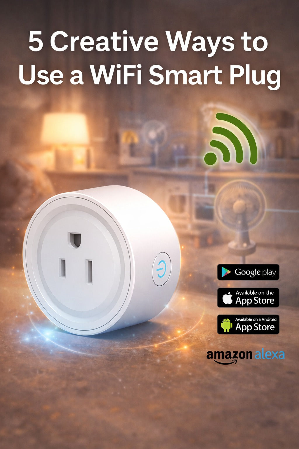 Modern smart home cover image showing a white WiFi smart plug with connected-home app icons and a warm lifestyle background for an article about creative smart plug uses.