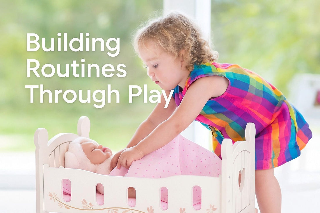 Girl putting doll to bed in a wooden cradle with text overlay “Building Routines Through Play”