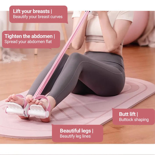 Woman using a pink pedal resistance band during home workout, targeting core, legs, and upper body for toning and flexibility.