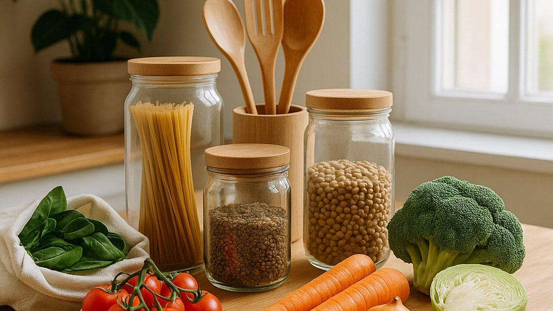 Zero-waste kitchen setup with fresh vegetables and pantry staples stored in reusable glass jars on a wooden countertop.