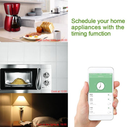 Smart plug app scheduling appliances like coffee maker, microwave, and lamp – home automation with smartphone control