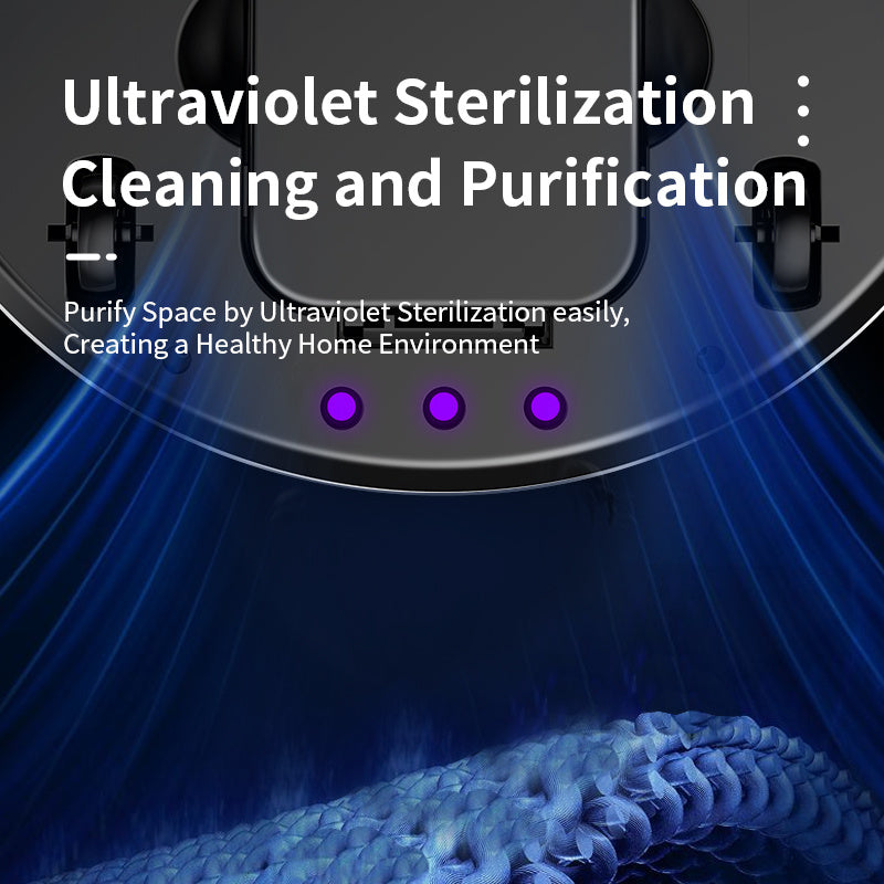 Close-up of UV sterilization feature on the 3-in-1 mini robot vacuum cleaner with visual blue light effect