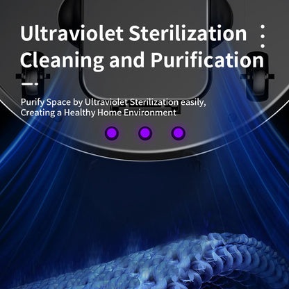 Close-up of UV sterilization feature on the 3-in-1 mini robot vacuum cleaner with visual blue light effect