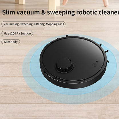 Black 3-in-1 mini robot vacuum cleaner with slim body and multifunction features on wood floor