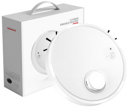 White 3-in-1 mini robot vacuum cleaner with UV sterilization next to product packaging box