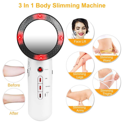 3-in-1 ultrasonic body shaping massager infographic showing face lift, slimming waist, legs, thighs, arms and before after results
