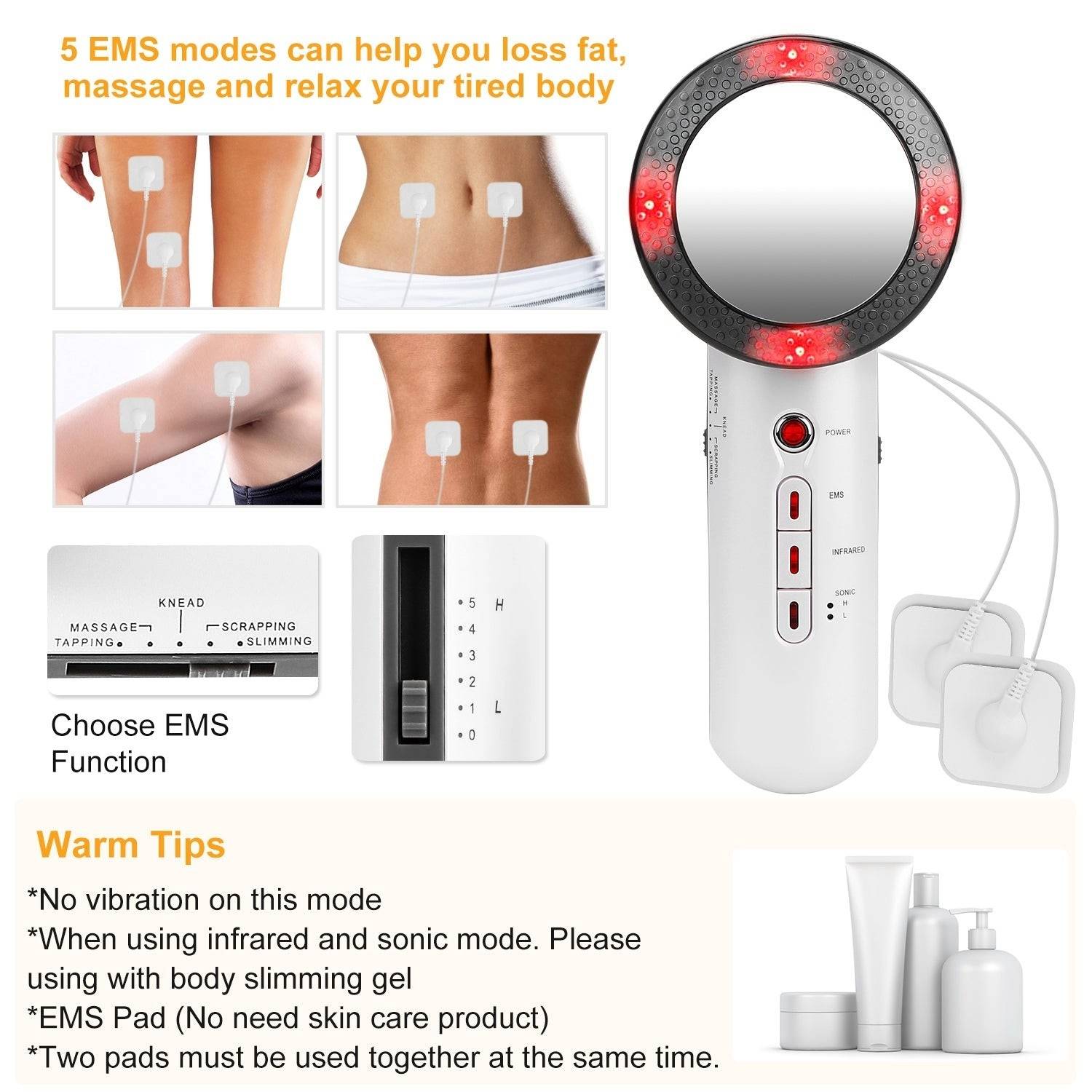 3-in-1 ultrasonic body shaping massager infographic showing EMS pads on legs and abdomen, EMS modes, intensity slider and warm tips for use