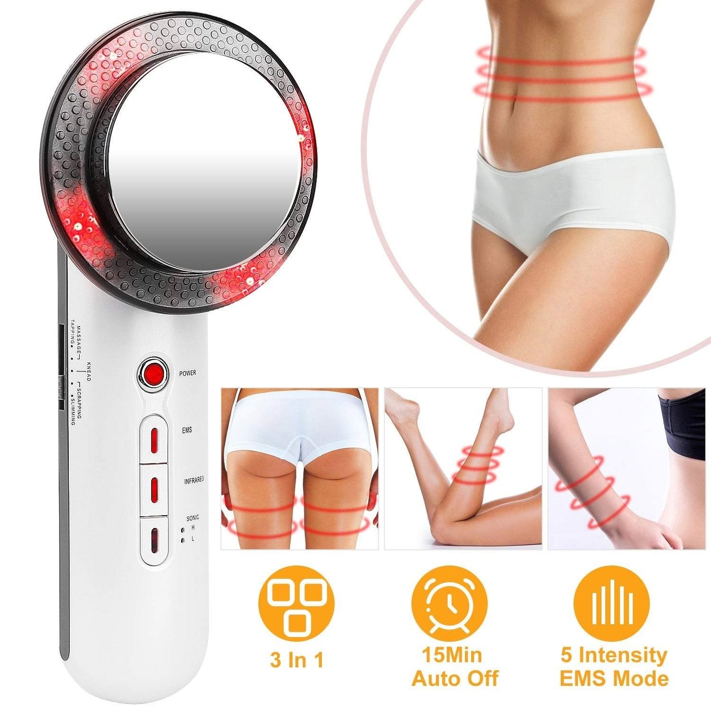3-in-1 ultrasonic body shaping massager with EMS and infrared showing red light rings around waist, legs and arms