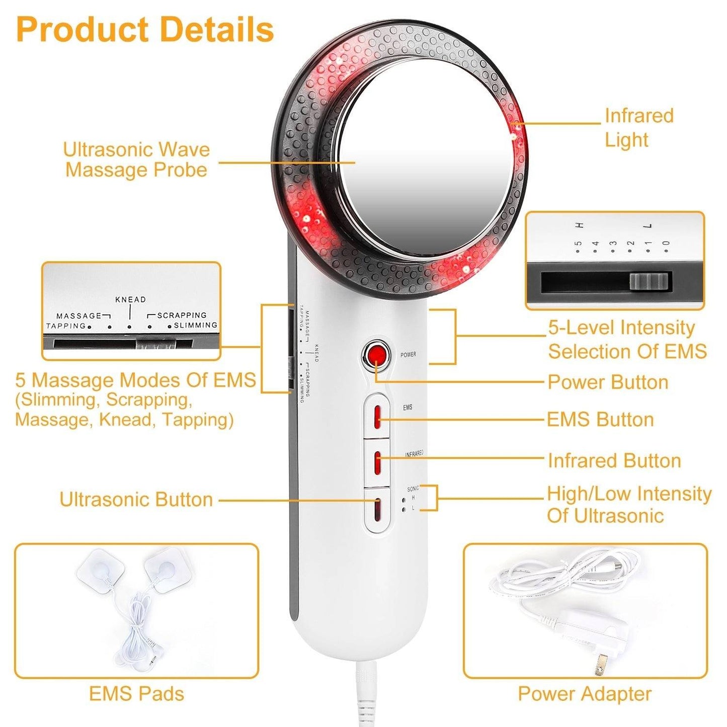 Product details of 3-in-1 ultrasonic body shaping massager showing buttons, EMS modes, intensity slider, pads and power adapter