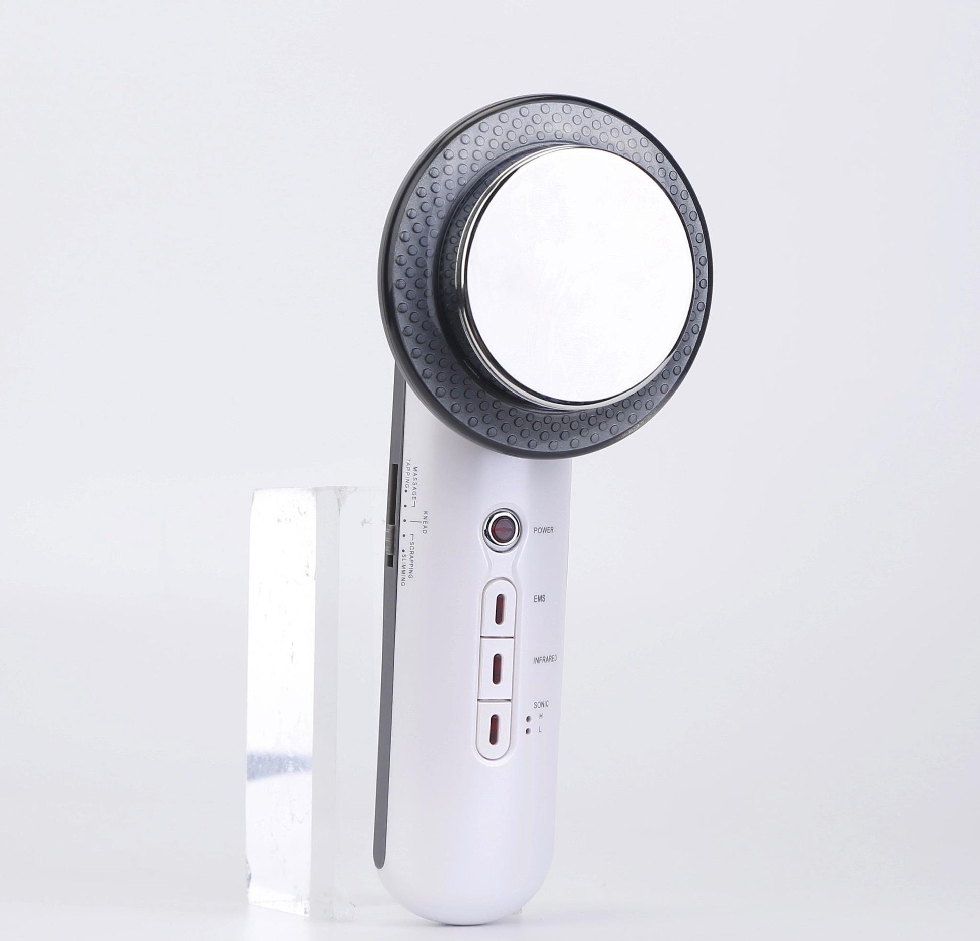 Side angle view of 3-in-1 ultrasonic body shaping massager on a white background
