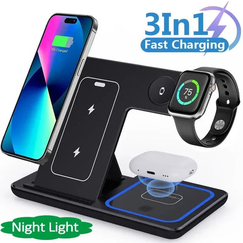 3-in-1 foldable wireless charging station in black with phone, watch, and AirPods