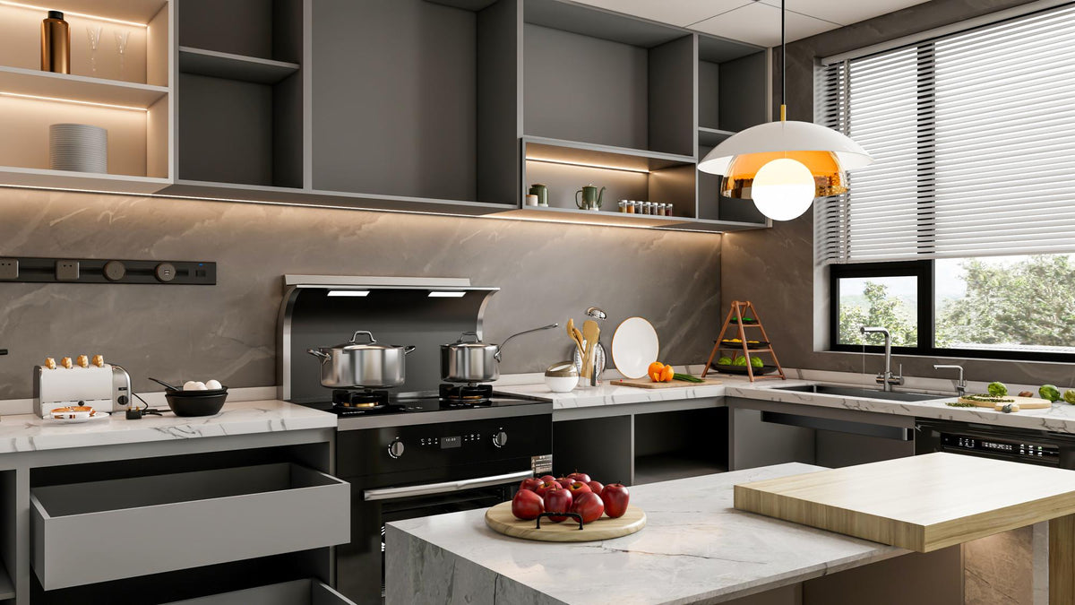 Modern kitchen interior with sleek gray cabinets, marble countertops, and cooking appliances, reflecting HiveCart’s stylish and functional kitchen essentials.