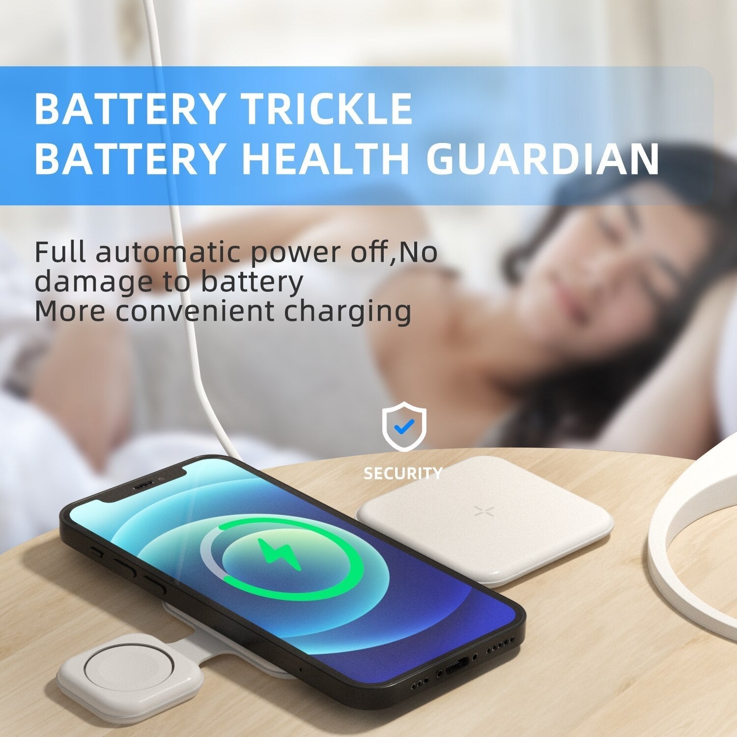 Smartphone charging on 3-in-1 wireless charger with battery health protection mode