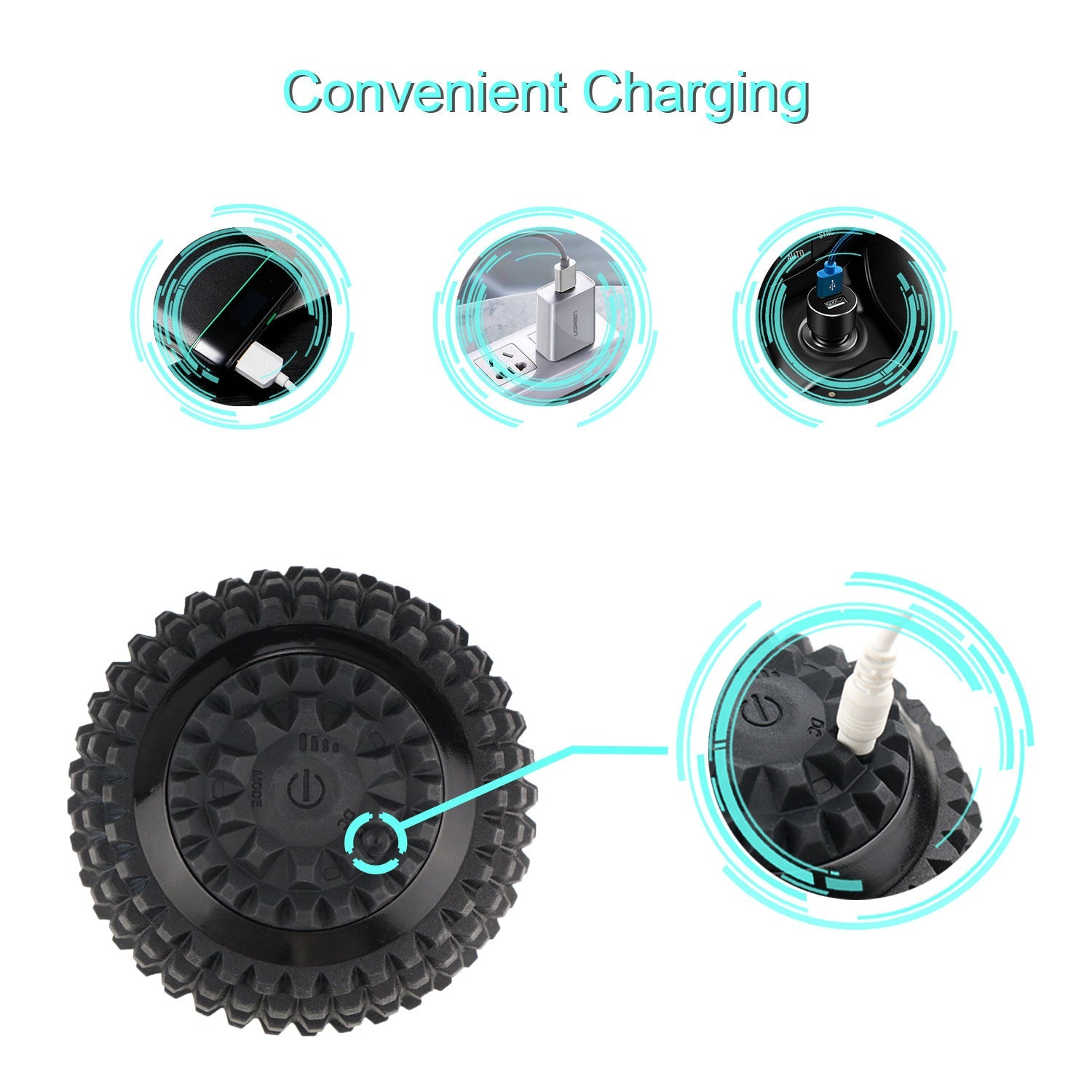 Visual guide showing convenient charging options for electric massage ball via USB, adapter, and car