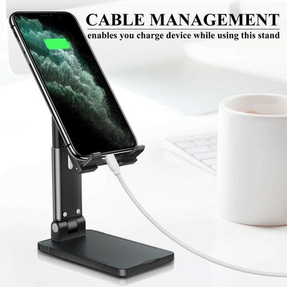 Black adjustable phone and tablet stand with cable management for charging while in use