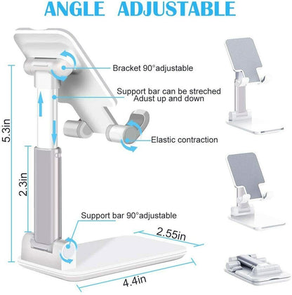 Diagram showing adjustable angles and dimensions of foldable phone and tablet stand