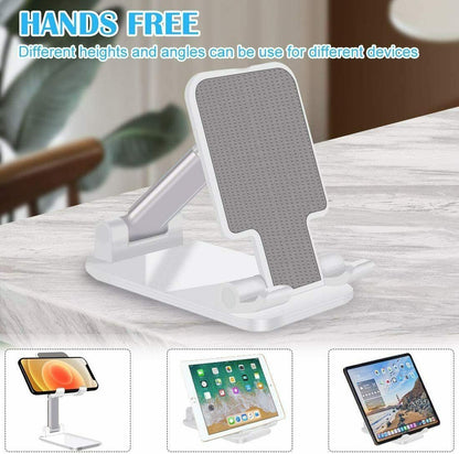 White foldable phone and tablet stand showing hands-free multi-angle use for different devices