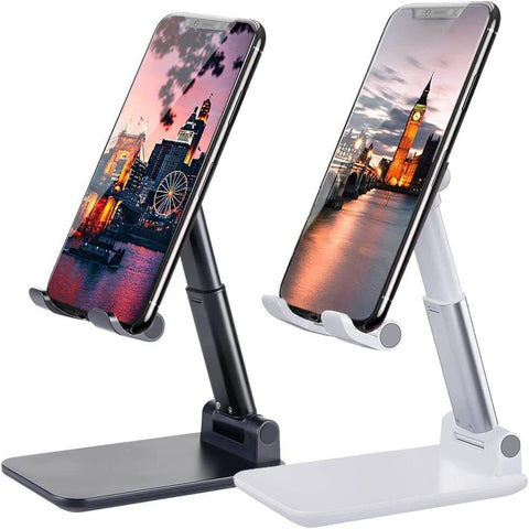 Adjustable foldable phone and tablet stand in black and white on desk