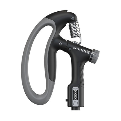 Isolated view of black adjustable hand grip strengthener with digital counter and tension adjustment dial, on white background.