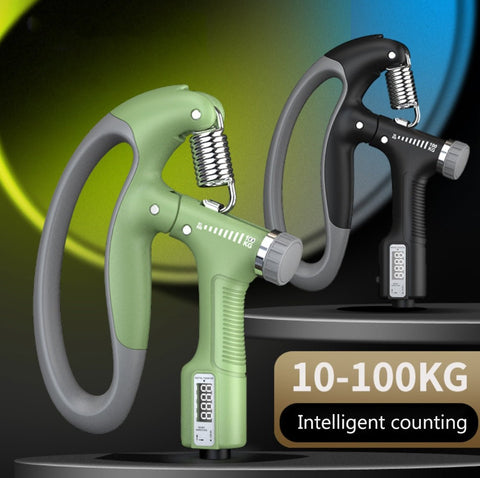 Adjustable hand grip strengthener with digital counter in green and black color, 10–100kg resistance range.