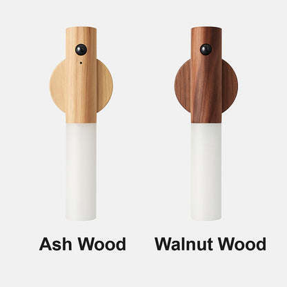Side-by-side comparison of Motion Sensor LED Night Lights in Ash Wood and Walnut Wood finishes