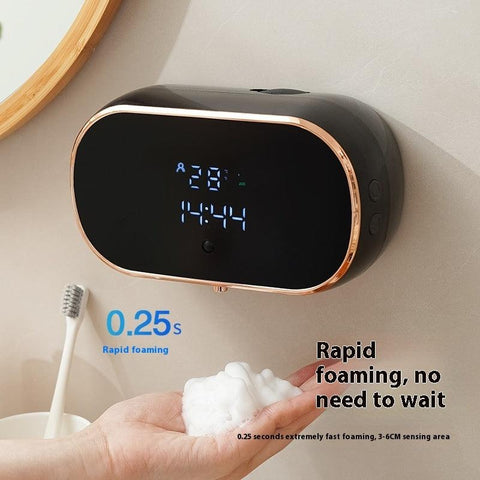 Wall-mounted automatic foam soap dispenser with LED display and rapid foaming sensor.