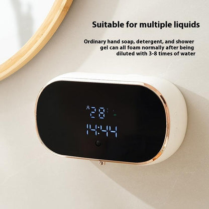 White wall-mounted automatic foam soap dispenser with LED screen, suitable for various diluted liquid soaps.