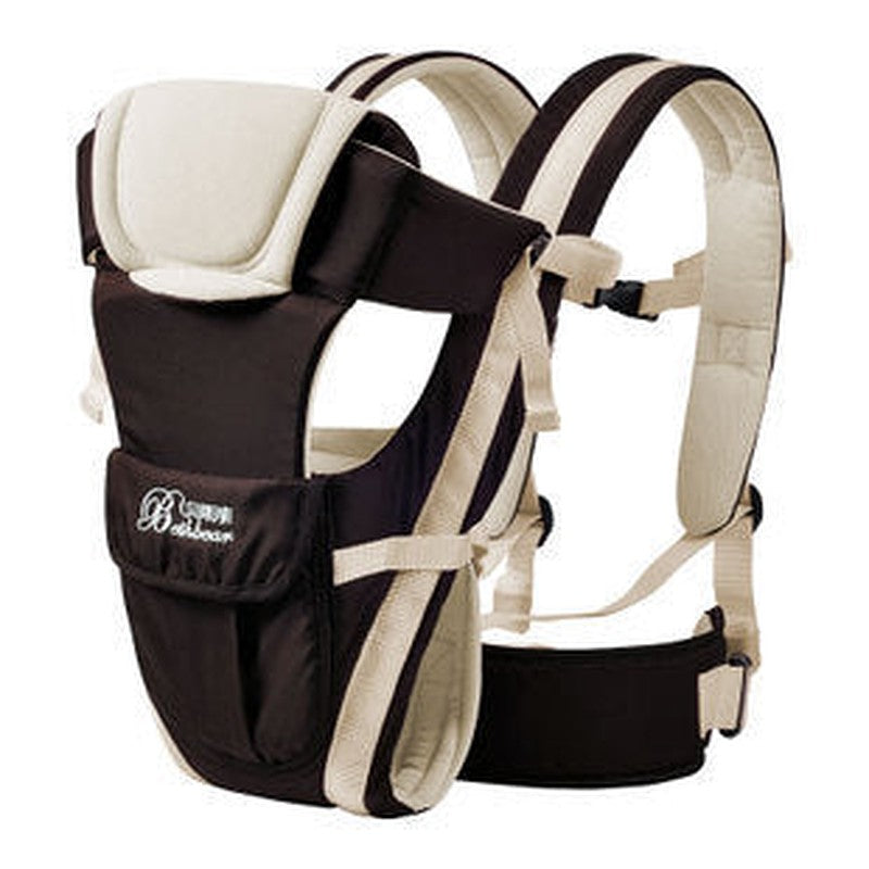Adjustable baby carrier sling in black and beige with ergonomic shoulder straps and front pocket.