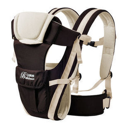 Adjustable baby carrier sling in black and beige with ergonomic shoulder straps and front pocket.