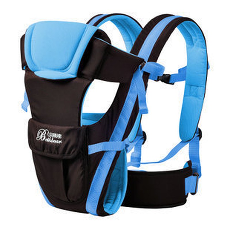 Adjustable baby carrier sling in black and blue with padded shoulder straps and front pocket.