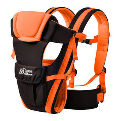 Adjustable baby carrier sling in black and orange with soft shoulder padding and secure buckles.