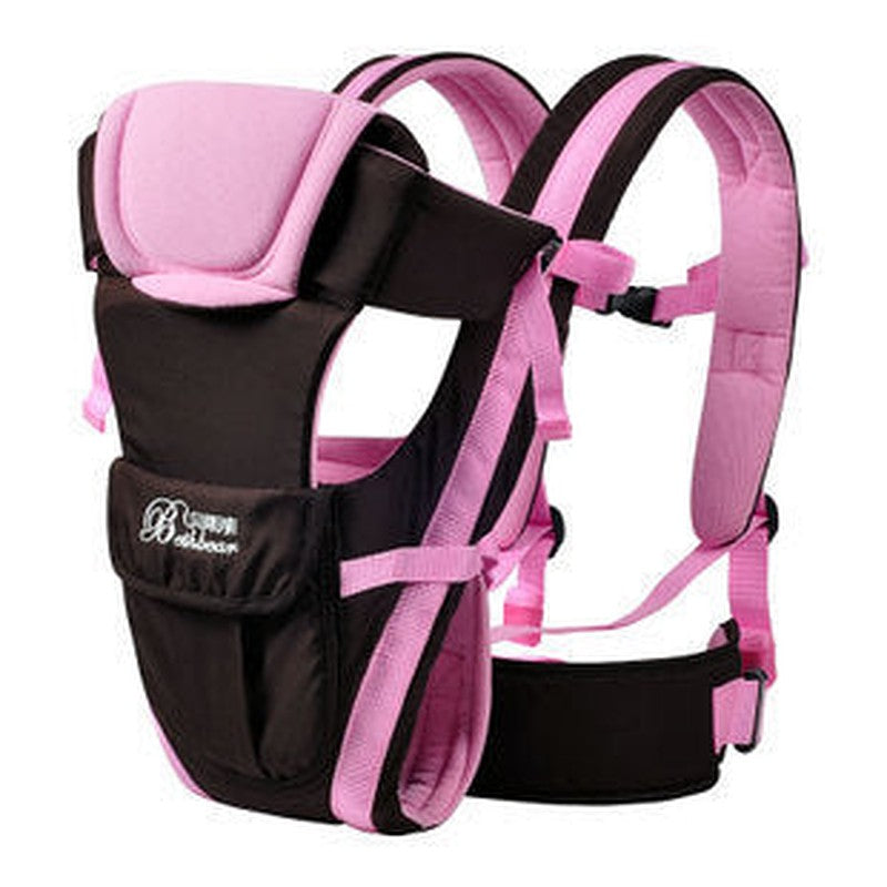 Adjustable baby carrier sling in black and pink with padded straps and ergonomic design.