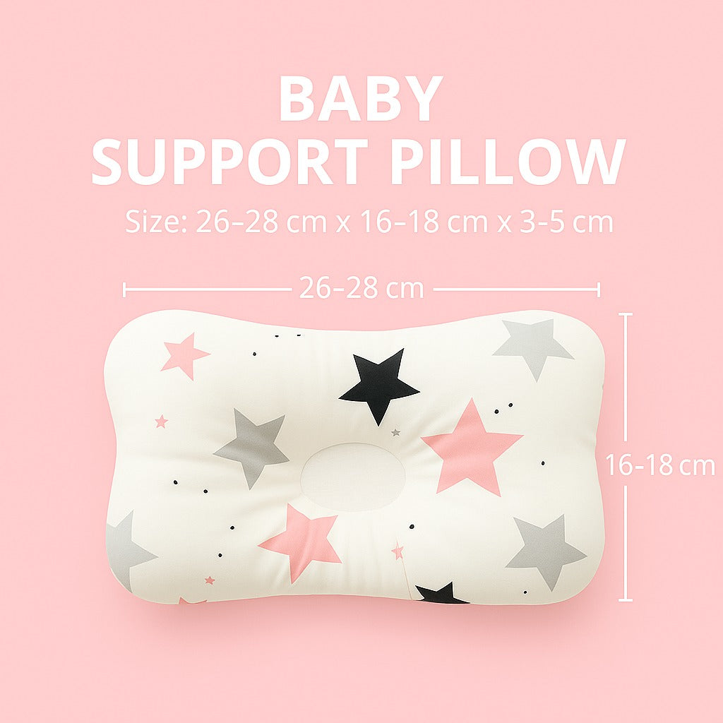 Baby support pillow with star pattern on pink background, labeled with dimensions: 26–28 cm length, 16–18 cm width, and 3–5 cm height