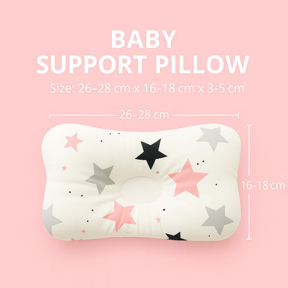 Baby support pillow with star pattern on pink background, labeled with dimensions: 26–28 cm length, 16–18 cm width, and 3–5 cm height