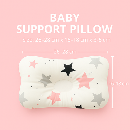 Baby support pillow with star pattern on pink background, labeled with dimensions: 26–28 cm length, 16–18 cm width, and 3–5 cm height